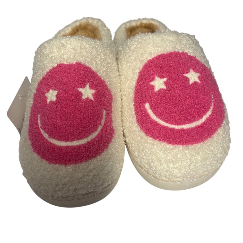 Womens Pink Star Eye Smiley Face Sherpa Fleece Slippers House Shoes Size 9-10 L